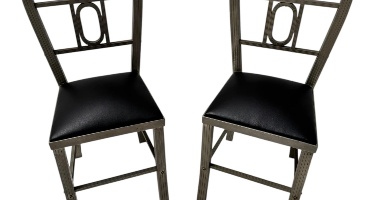 Two French Art Deco Side Chairs with Black Leather Seats, 1930s